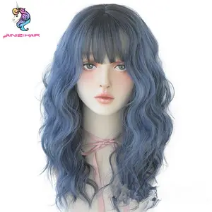 Ainizi Grosir 21 Inch Fashion Korea Style Biru Gelombang Dalam Wig dengan Poni untuk Wanita Pesta Cosplay Sintetis Wig