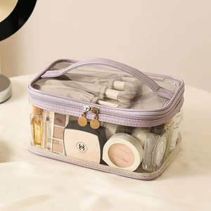 Sac de maquillage transparent en gros, organiseur de cosmétiques rose, sac de voyage étanche en PVC, sacs de maquillage personnalisables avec logo - Product Image 6