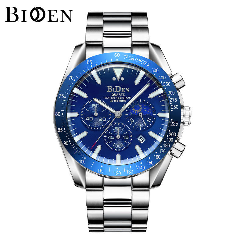 BIDEN 0344 New Fashion Stainless Steel Men Watch Casual Sport Multifunction  Chronograph With Calendar Waterproof Quartz Watches