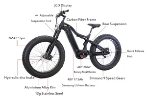 Quadro de bicicleta elétrico de carbono, quadro de bicicleta, pneu gordo de 26 polegadas, meio de neve, g510, motor ebike, suspensão completa, 1000w