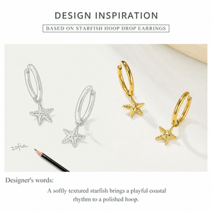 Pendientes de Aro con Forma de Estrella de Mar, Acero Inoxidable, Chapado en Oro de 14K al Vacío, Aros con Dijes de Estrella de Mar Texturizados - Product Image 3