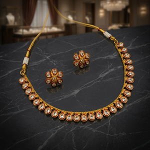 Indian Traditional Kundan Meenakari Copper Base Necklace <b>Set</b> Gold Plated Green Enamel Teardrop Choker with Floral Stud Earrings - Product Image 2