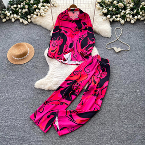 Completo da <span class=keywords><strong>donna</strong></span> a due pezzi con stampa astratta, camicia a maniche lunghe con bottoni e pantaloni a gamba larga, outfit casual per primavera, autunno e vacanze. - Product Image 6