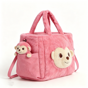 Customized Pink Monkey Plush Handbag, Fluffy Tote Bag with Matching Monkey Charm, Cute Monkey Crossbody <b>Purse</b> with Handle - Product Image 4