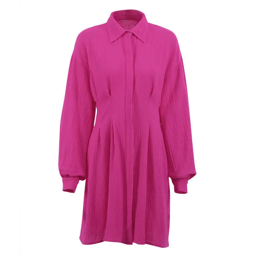 hot sale long sleeve knee-Length A-line pleated cotton designer shirt linen dress