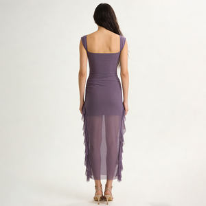 Kadınlar İçin Büzgülü File Fırfırlı Mini Elbise |    Slash Yaka Kolsuz İmparatorluk Bel Bodycon Parti Kokteyl Elbisesi (Lila) Plaj Stili - Product Image 2