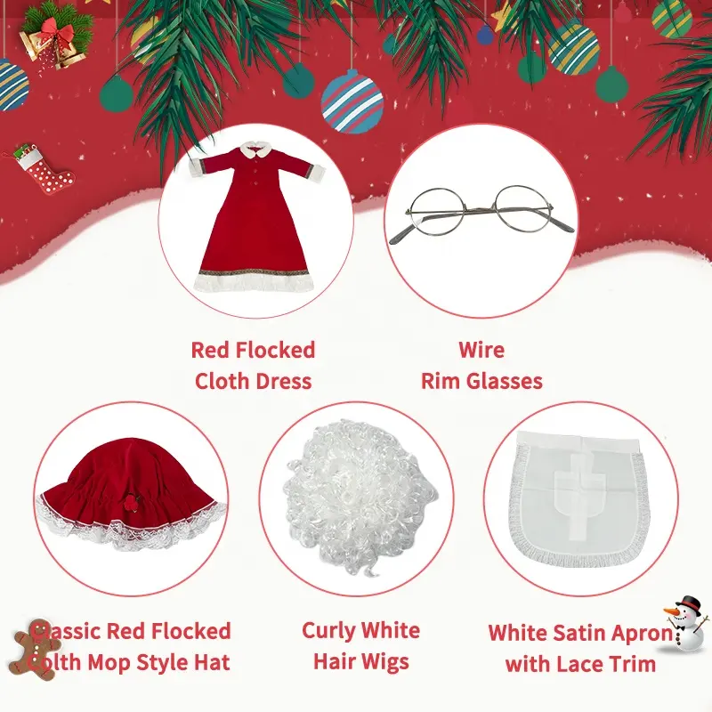 5pcs Mrs. Claus Costume Set Adult Santa Outfit for Christmas Cosplay Party Includes Dresses Accessories Polyester