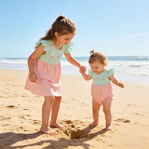 GSD3530 RTS Vestido de verano transpirable hasta la rodilla para niña, verde, rosa, a cuadros, con lazos bordados y mangas voladas, conjunto para hermanas - Product Image 1