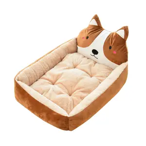 Lit de chat de dessin animé, chenil doux, fournitures d'hiver chaudes pour animaux de compagnie, maison avec tapis, lit pour petit, moyen et grand chien, canapé long épais