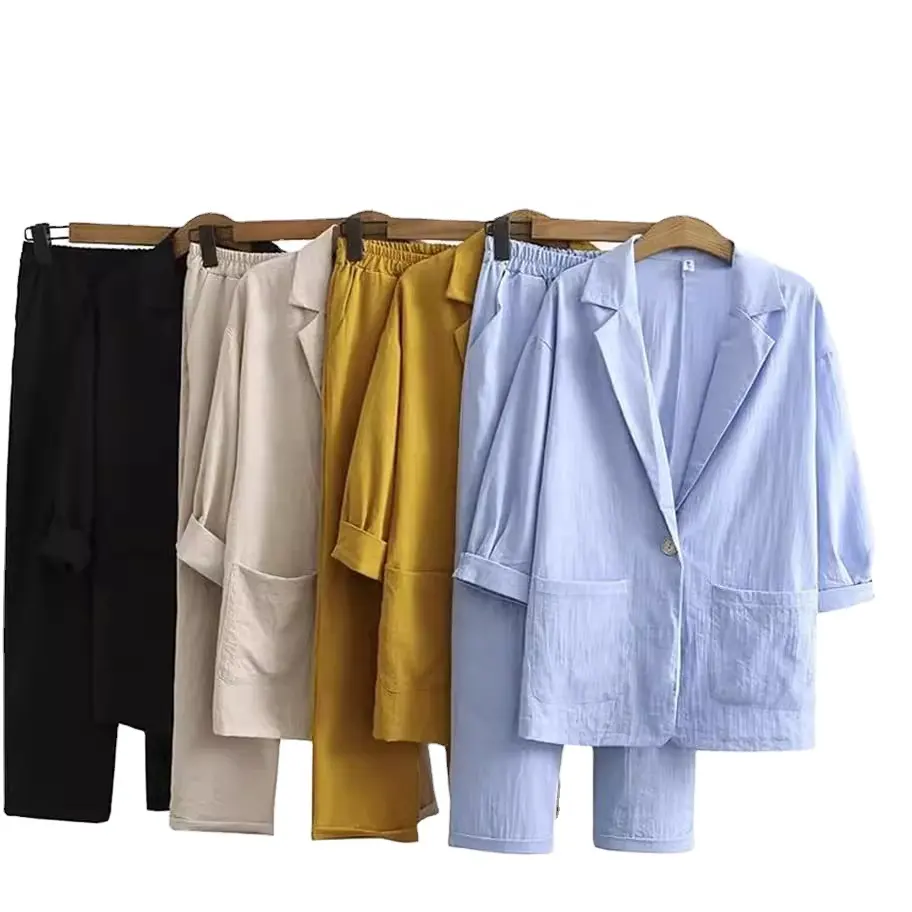 Ladies Cotton Linen 2 Piece Suit Jacket Pants Autumn Loose Fashion Casual Suit Top Set