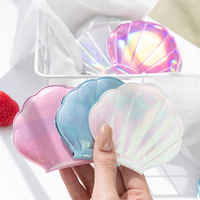 Girls Handheld PU Leather Magnifying Cosmetic Mirror Seashell Shape with Double Sides Personalized Mermaid Style Folding Mirror