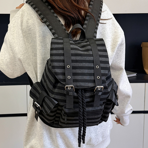 Black Gray Striped <b>Student</b> <b>Backpack</b> Multi Pocket Laptop Compartment College Rucksack - Product Image 2