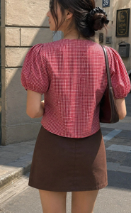 Women's <b>Red</b> Plaid V-Neck Puff Sleeve Blouse With <b>Lace</b> Trim And Tie Front Short Sleeve <b>Top</b> Spring Summer Vintage Style - Product Image 2