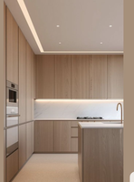 Meubles de cuisine contemporains ouverts de style artisanal, beige, sans poignées, avec appareils électroménagers intégrés, design antique, crédence en contreplaqué et évier
