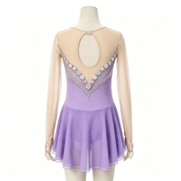 Robe de patinage artistique et de danse pour enfants et adultes, couleur lavande, en maille nude, à manches longues, avec strass et découpe florale ovale au dos, pour compétition et spectacle