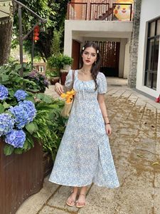 European American Floral Waist Dress with Lace &amp; Button Decor Short Sleeve Slit Square Collar Casual Sexy French Long <strong>Skirt</strong> - Product Image 4