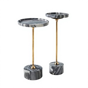 Modern White Marble Tray Top Drink <b>Table</b> | <b>Slim</b> Brushed Brass Stem Solid Marble Block Base Accent Stand - Product Image 2