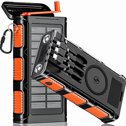 Outdoor Camping Essential 30000mAh Wireless Power Bank with 3 Integrated Charging Cables and Dual LED Torches