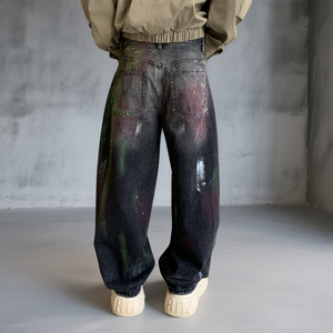 Jeans baggy à jambes larges pour homme, personnalisés OEM, denim noir délavé, effet éclaboussures de peinture, style streetwear, pantalon de skater - Product Image 2