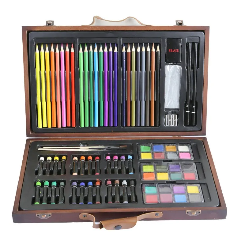 Conjunto de suministros de arte y artesanía para estudio, caja de madera para dibujar y pintar, 80 piezas, multicolor
