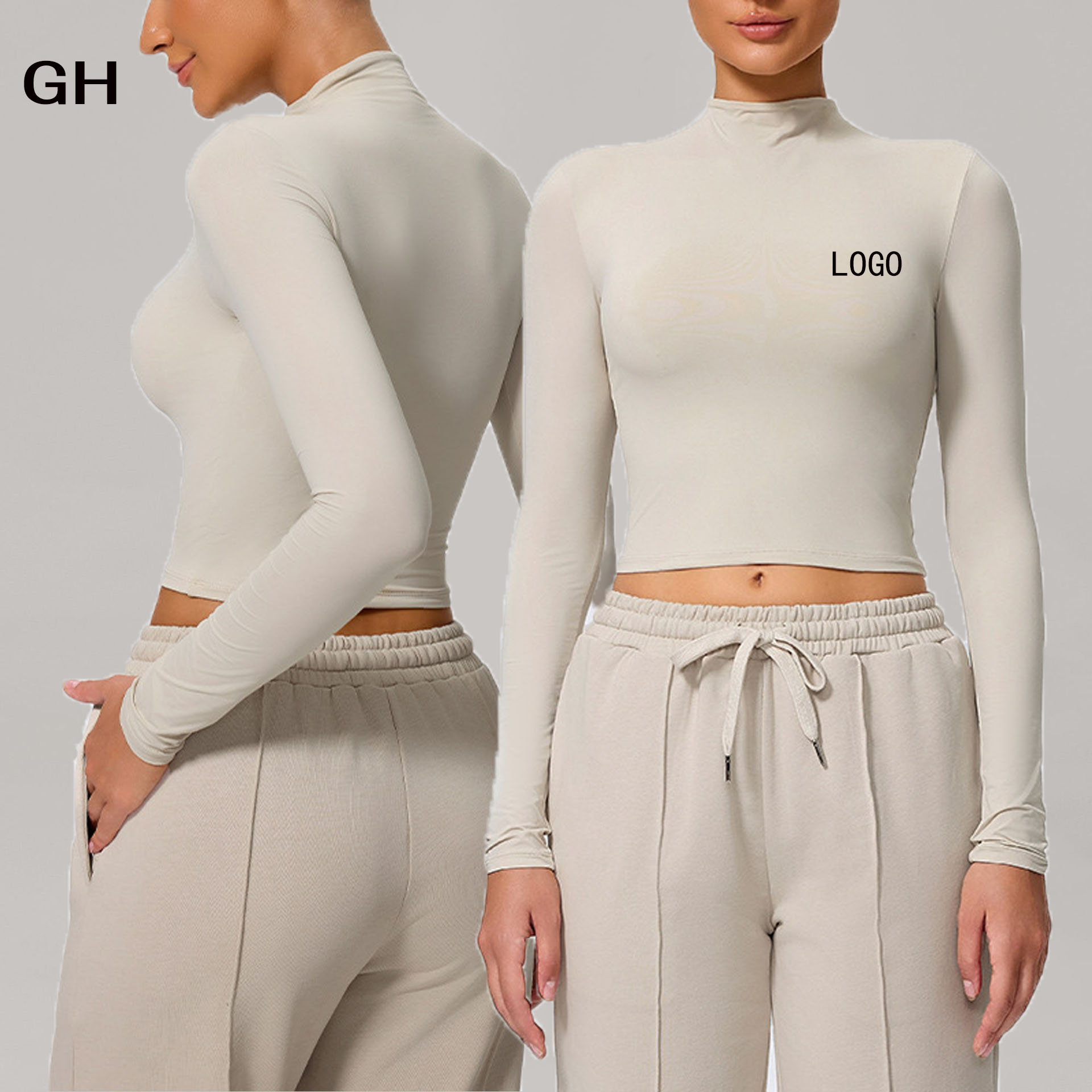GH Long Sleeve Yoga High Neck Gym Top Custom Quick Dry Workout Activewear Nylon Fabric Fitness Women Crop Top