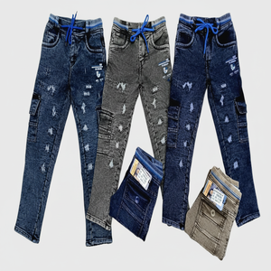 Venta al por mayor Calidad Niños Hip Hop Estilo Jeans Trending Regular Fit Desgastado Rasgado Look Monos Lavado Pantalón Estilo de punto - Product Image 1