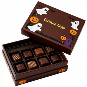 Boîte cadeau en carton rigide à deux pièces pour chocolats et bonbons, avec couvercle et base à motif personnalisé pour Halloween, de qualité alimentaire, avec séparateurs - Product Image 1