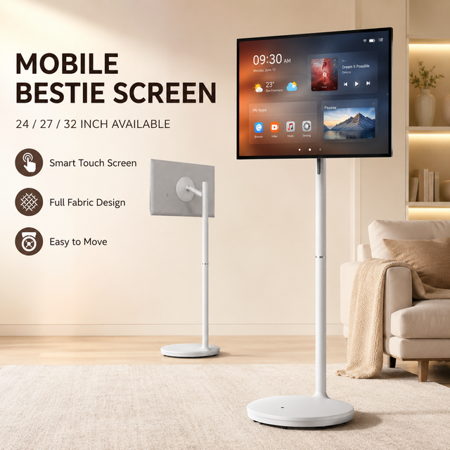 Portable Smart Touch Screen TV 24 27 32 Inch Mobile Android Display with Adjustable Rolling Stand