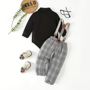 Ensemble de vêtements pour bébé garçon, confection exquise, comprenant un body à manches longues et col, une nœud papillon et un pantalon à bretelles à carreaux, idéal pour les anniversaires et les occasions formelles - Product Image 3