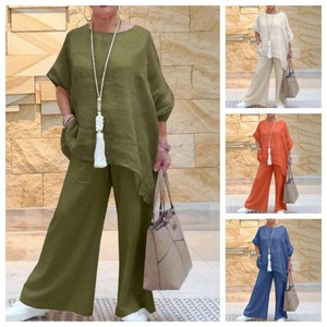 Nouvelle tenue pour femmes en coton et <span class=keywords><strong>lin</strong></span>, mode décontractée, <span class=keywords><strong>grande</strong></span> <span class=keywords><strong>taille</strong></span>, asymétrique, manches longues, <span class=keywords><strong>pantalon</strong></span> large, deux pièces - Product Image 1