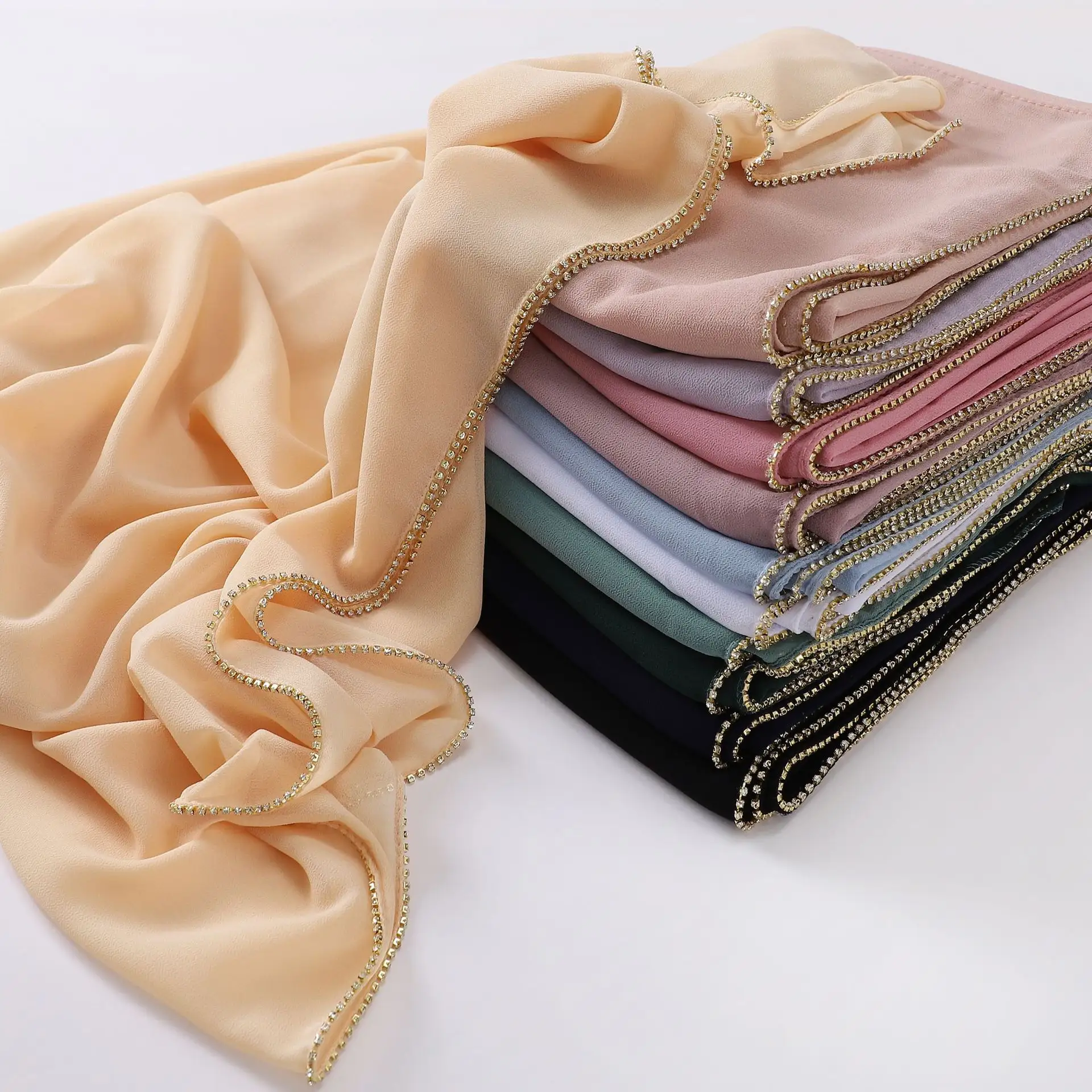 Hot Sell New High Quality Plain Pearl Chiffon Hijab Scarf For Women Stylish Diamond Chain Chiffon Head Scarf Shawl Muslim Hijabs