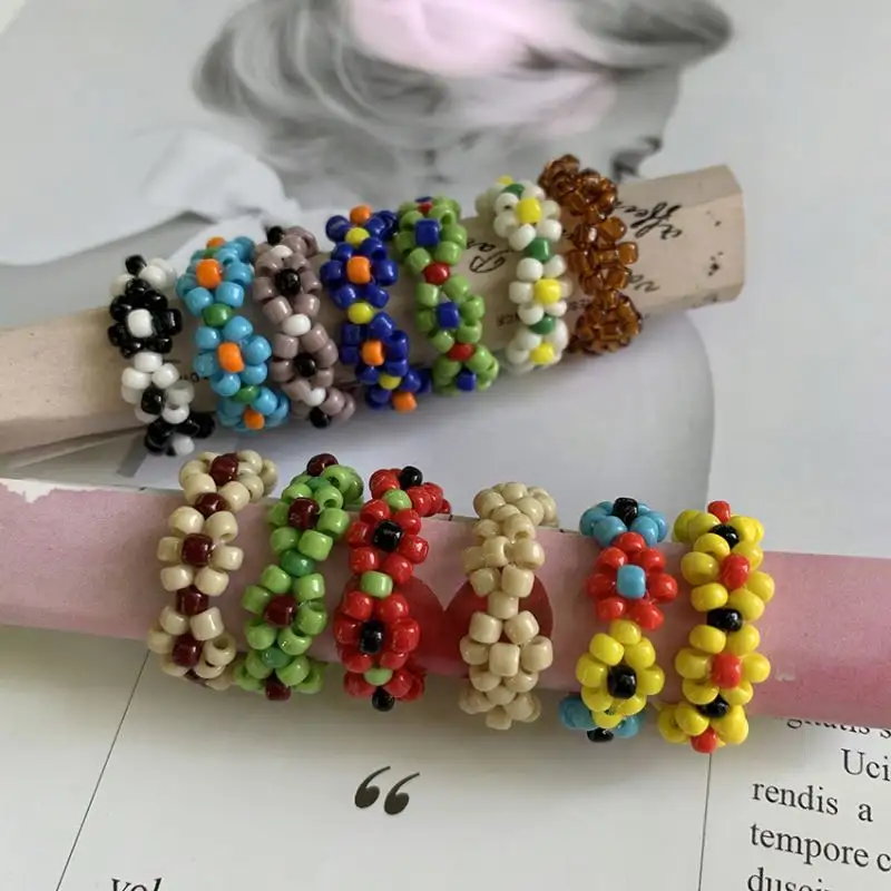 Trendy Korean Handmade Multi-color Small Flowers Rice Beads Ring Women Girl Jewelry Stretch Weave Style Rings