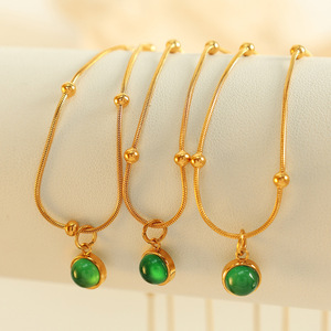 French Retro Green Glass Pendant Necklace 18k Gold Plated <b>Titanium</b> Steel Clavicle <b>Chain</b> Stackable Fashion Jewelry - Product Image 1