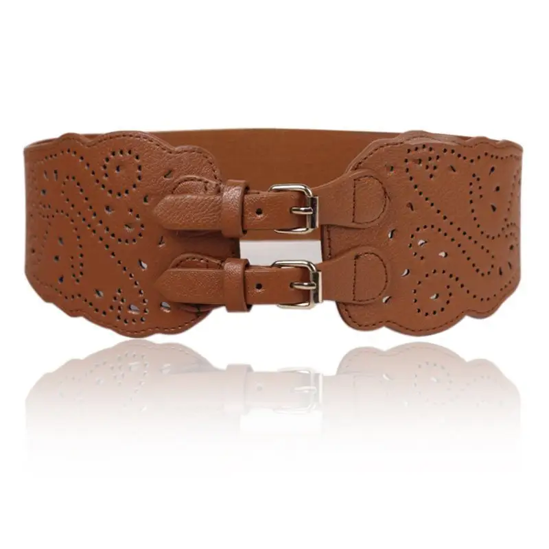 Ceinture large perforée en cuir véritable avec ceinture élastique pour femme