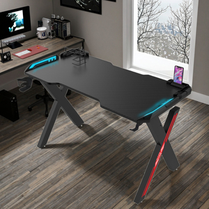 高級ブラック100cm RGB LEDレーシングゲームデスクX型エクステンダ付きカップホルダー人間工学に基づいたPCラップトップコンピュータテーブルカーボン製 - Product Image 3