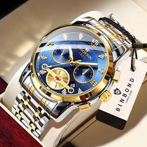 Binbond Men's Mechanical Watch 4567 Blue Dial Gold Stainless Steel Bracelet Waterproof 30M Automatic Movement - Product Image 1