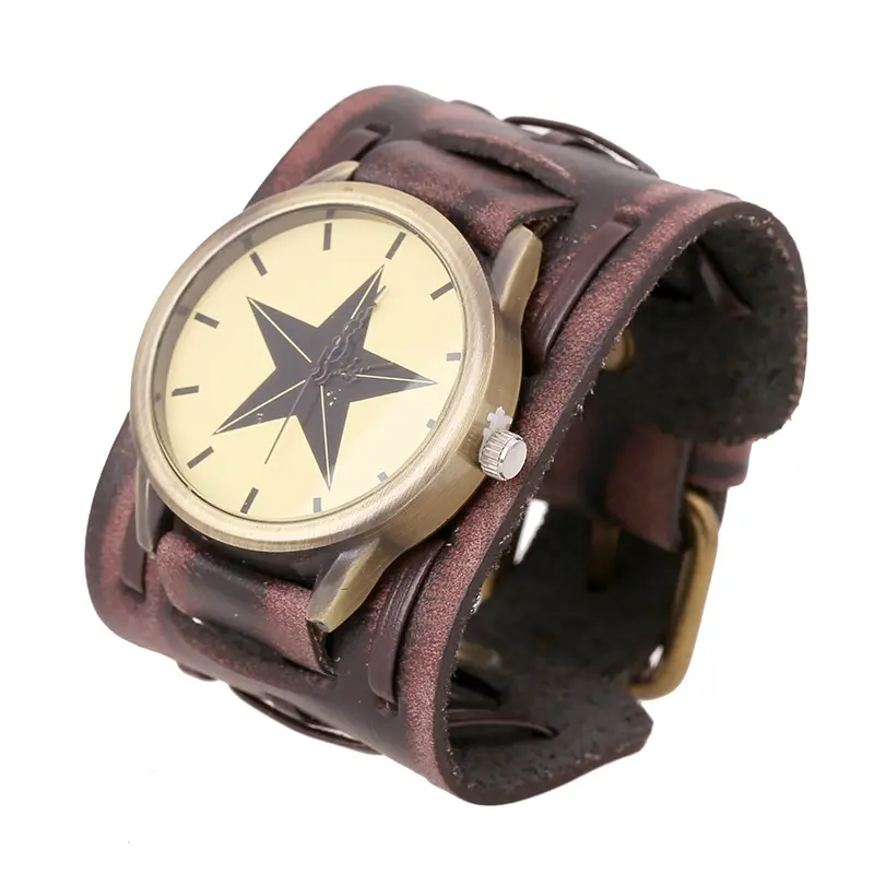 Nieuwe Brede Lederen Gepersonaliseerde Armband Horloge Mannen Retro Lederen Horloge Atmosferische Lederen Quartz Horloge Fabriek Directe Verkoop