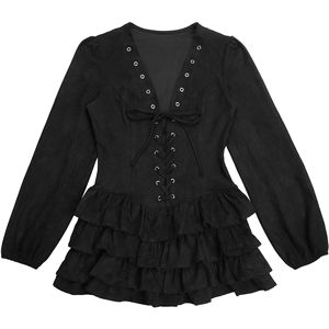 STOCK Dos colores con cuello en V Ojales Correas Vestido de <span class=keywords><strong>mujer</strong></span> Volantes Manga larga Mini vestido Tallas grandes Ropa Con parte inferior - Product Image 5