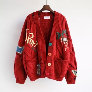 YF <strong>Oversize</strong> V-neck Embroidery Jacquard Knitted Latest Design Ladies <strong>Cardigans</strong> With Pockets Loose <strong>Cardigans</strong> Sweater <strong>Women</strong> - Product Image 3