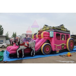 Castillo Inflable con Tobogán, Diseño de Carruaje de Princesa Rosa, con Caballos, para Fiestas de Cumpleaños Infantiles al Aire Libre - Product Image 5