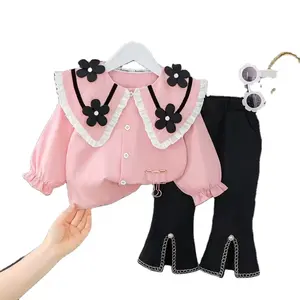 Wholesale Price Autumn Clothing Sets For Kids Cute Flower Designs Longsleeve Top+Flared Trousers 2 Pcs For Girls