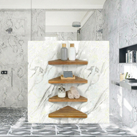 Étagère de douche d'angle triangulaire moderne à quatre niveaux en bois d'acacia, à fixation murale pour salle de bain, sans perçage requis