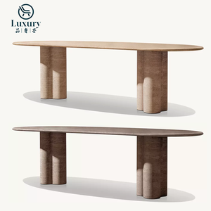Ngoài trời hình bầu dục travertine đá cẩm thạch bàn ăn đặt hiện đại sang trọng ngoài trời đồ nội thất vườn bàn ăn đặt - Product Image 1