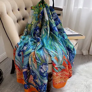 Ready to ship new designer chiffon girl's long shawls wraps fashion art colorful printed hijabs silk scarf for women