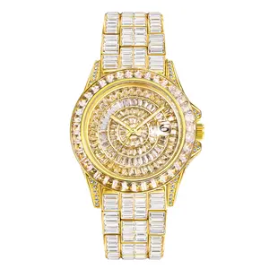 Bling bling tipo pieno di cristalli cechi quadrante movimento quart con data colore oro chiaro orologi da uomo e donna di lusso