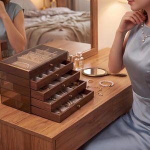 Boîte de rangement à bijoux grande capacité avec couvercle transparent anti-poussière, tiroirs imitation bois et compartiments pour bagues et colliers - Product Image 3