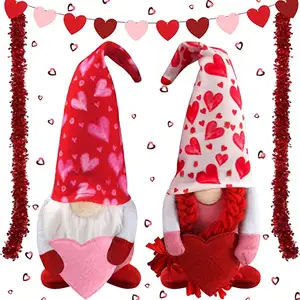 Custom valentines Day Gnome Plush Doll Decorations with Felt Heart Banner Red Tinsel Garland