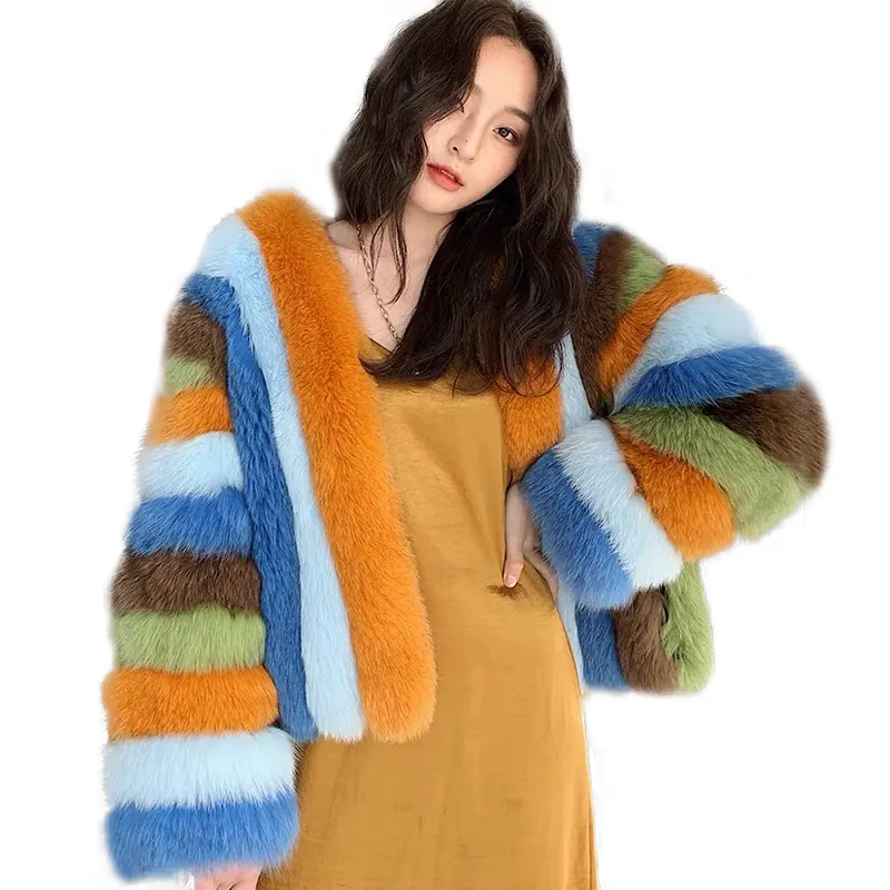Manteau <span class=keywords><strong>d</strong></span>'hiver multicolore en vraie fourrure de renard, pour femmes, vente en gros, nouvelle collection