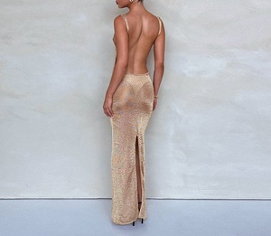 Nouvelles Robes d'été pour femmes en gros, <span class=keywords><strong>Robe</strong></span> longue métallisée fendue, ajustée, sexy, dos nu, découpes latérales, en maille scintillante, de luxe, pour soirées et resorts - Product Image 5