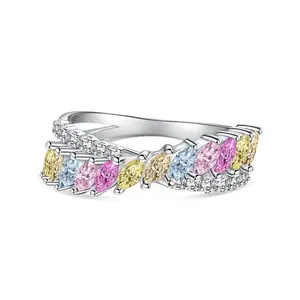 珠宝新款S925纯银锆石戒指女士套装彩色马眼石十字设计彩虹戒指